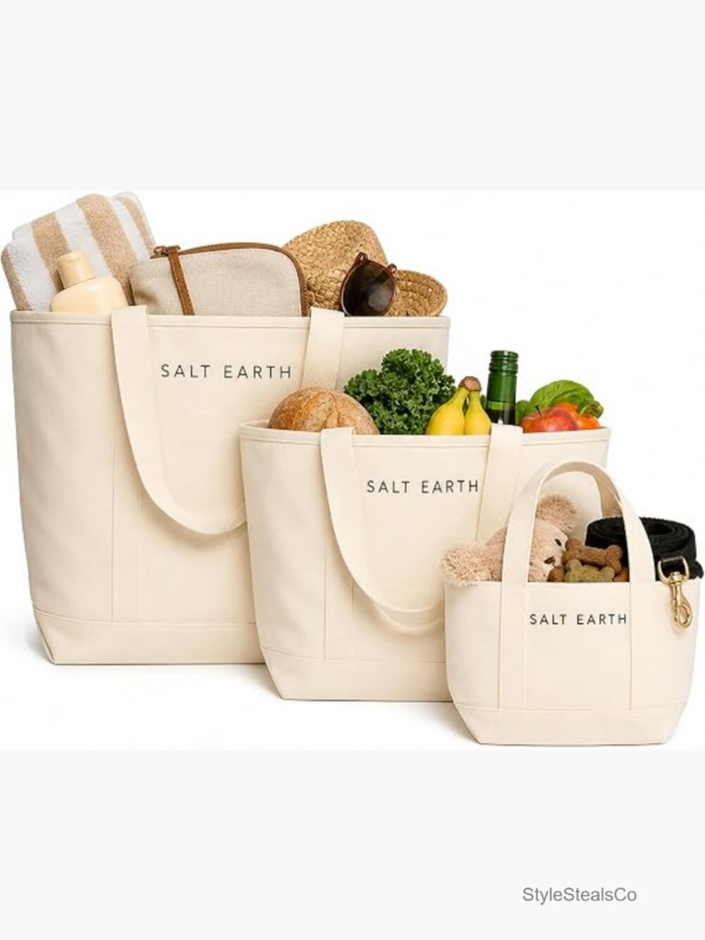3-Pack Cotton Canvas Tote Set, Foldable Beach & Grocery Bags, Stands Upright